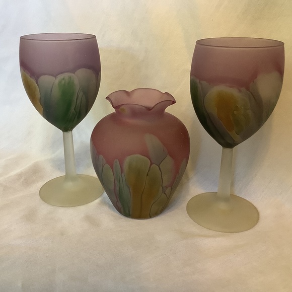3 Nouveau Art Glass Hand Painted by Reuben 2 wineglass stemware + 1 vase